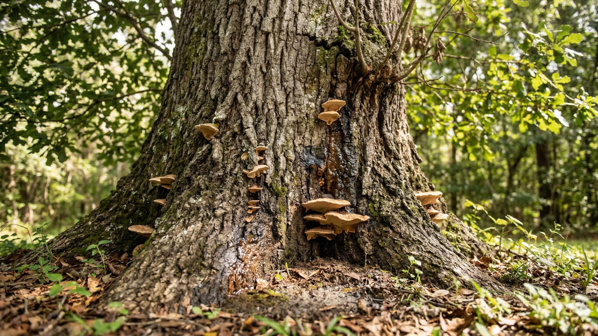 Close-up of a sick Live Oak tree trunk in Montverde, Florida, showing shelf fungi and bleeding canker seeping, indicating internal decay.