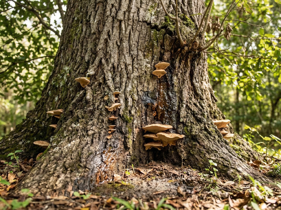 Close-up of a sick Live Oak tree trunk in Montverde, Florida, showing shelf fungi and bleeding canker seeping, indicating internal decay.